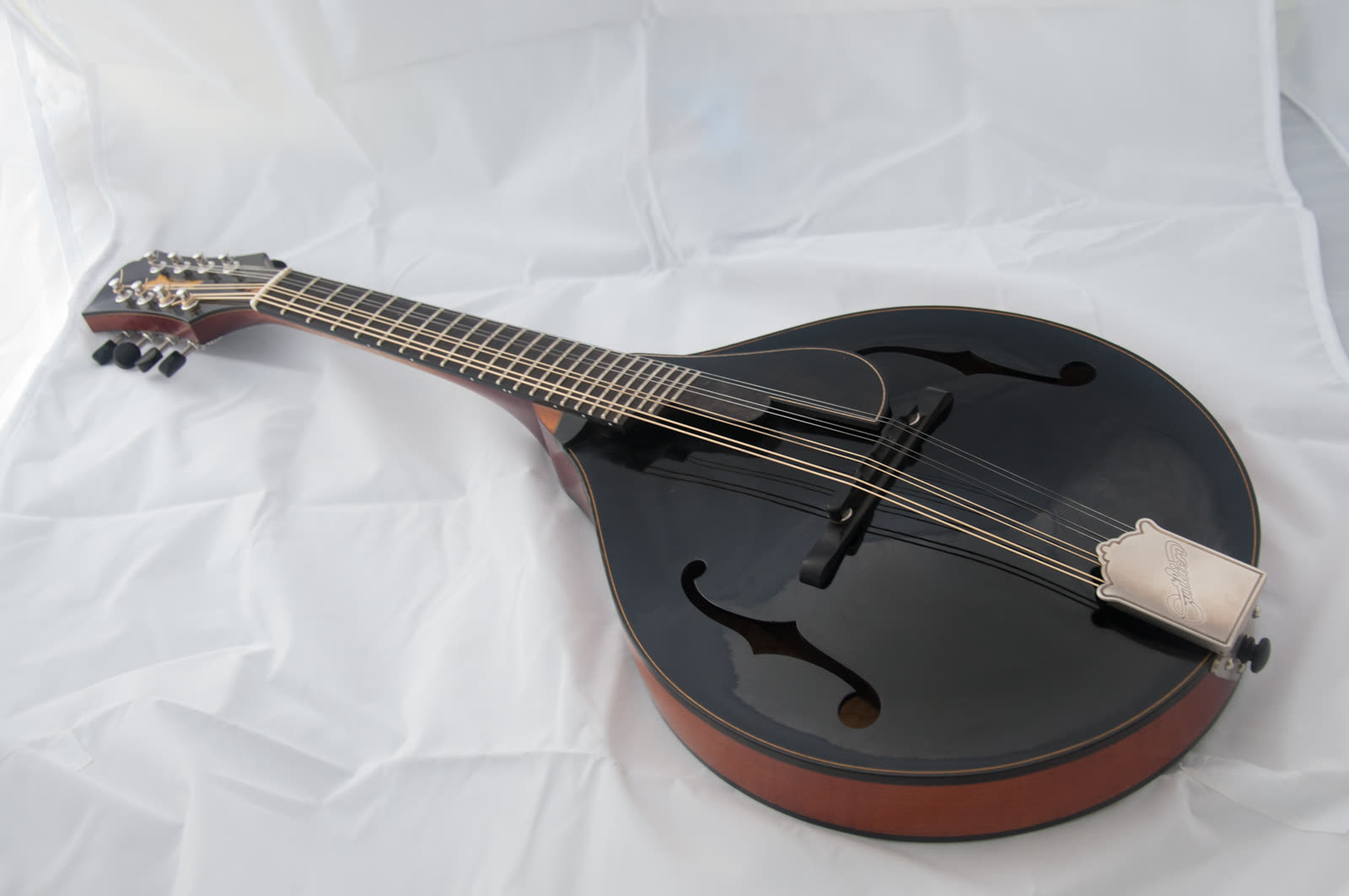 A-model mandolin — top, black lacquer, overhead view