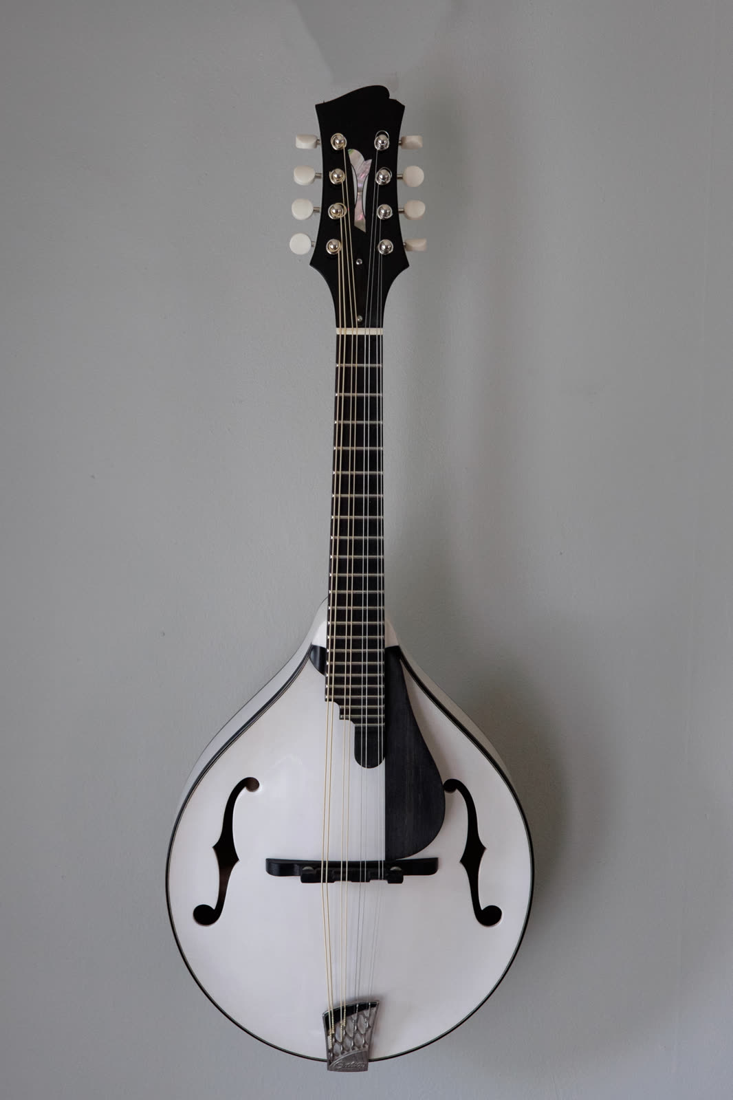 A-model mandolin, top, white nitrocelluose finish