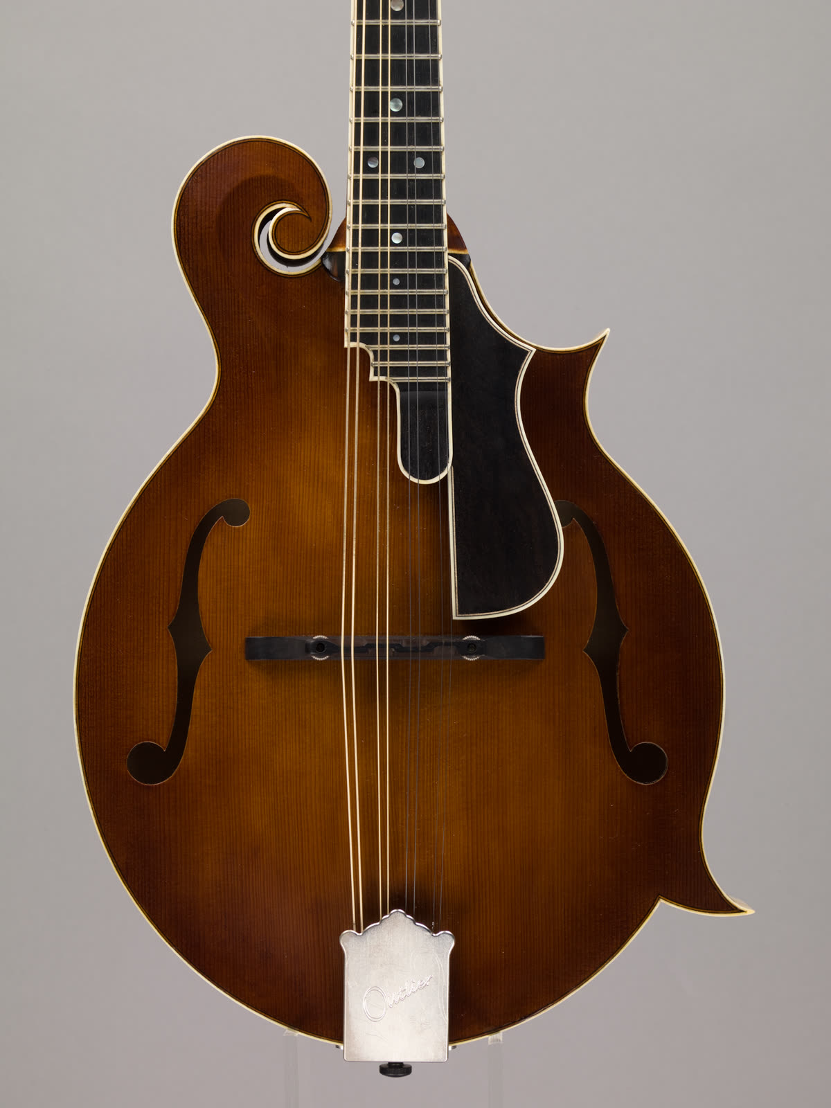 F-model mandolin — top, carved spruce with sunburst finish, mounted on a stand