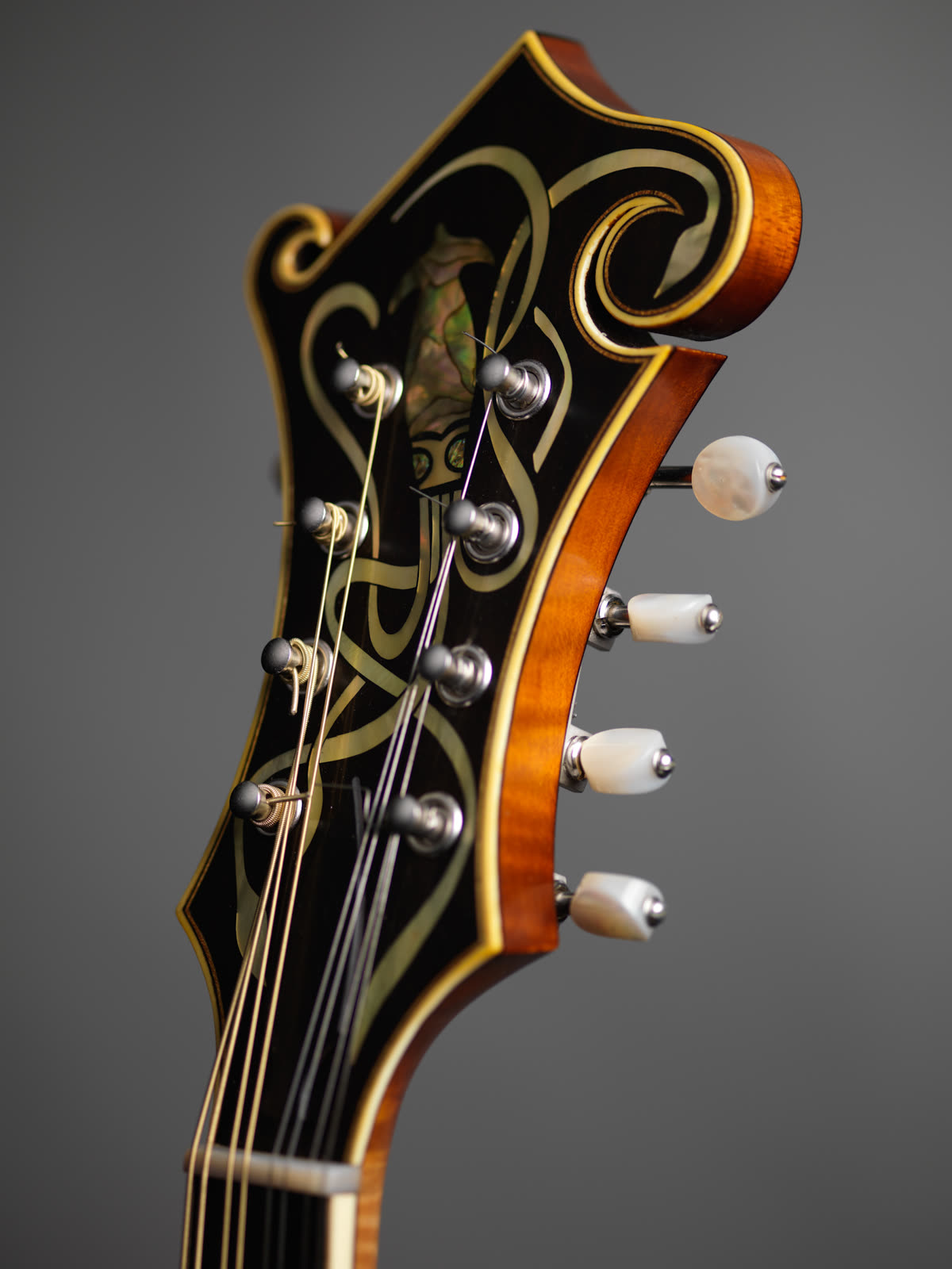 F-model mandolin, peghead, ebony, pearl, abalone, ivoroid