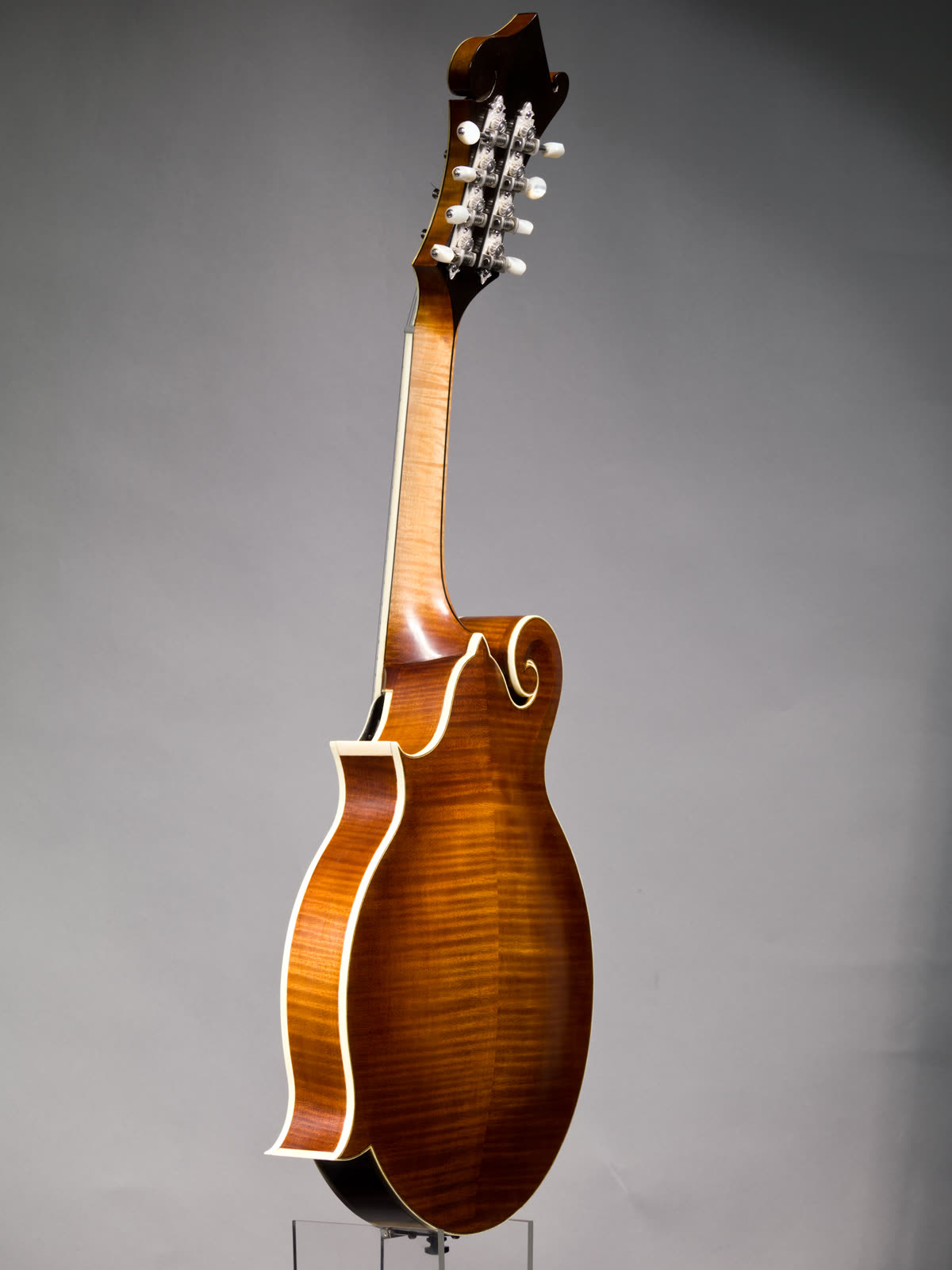 F-model mandolin — side, flamed maple with sunburst finish