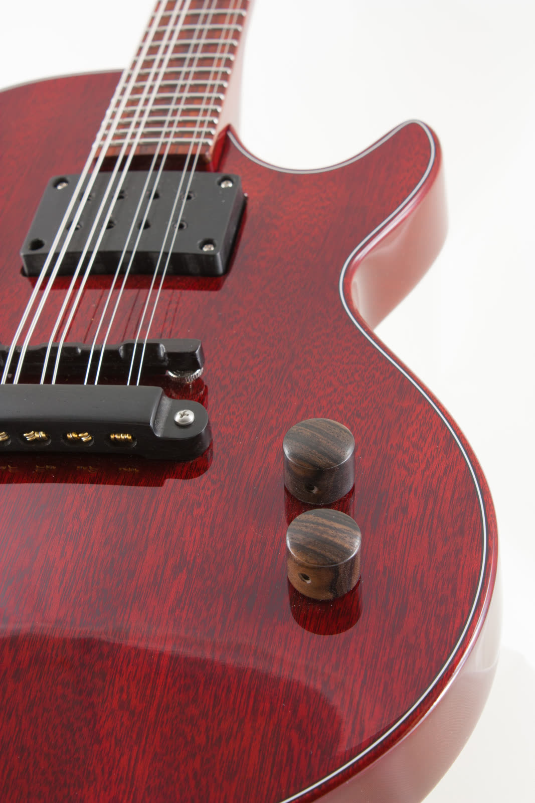 Electric mandolin, milled ebony control knobs, red lacquer